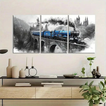 3pcs Black and White Smoke Train Scene Metal Print Ready to Hang Art