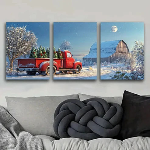 3pcs Christmas Tree Red Truck Nature Perfect Wall Art Set Canvas Unframed - High Quality Print 100% Australian Made Wall Canvas