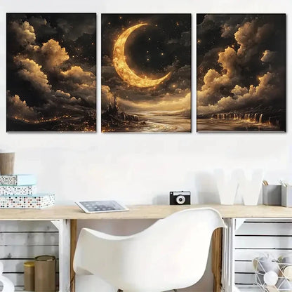 3pcs Mysterious Night Sky with Crescent Perfect Wall Art Set Canvas Framed 40x60cm - High Quality Print 100% Australian Made Wall Canvas Ready to Hang