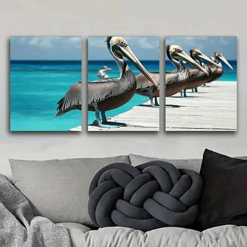3pcs Brown Pelicans Colorful Sharpe Perfect Wall Art Set Canvas Unframed - High Quality Print 100% Australian Made Wall Canvas