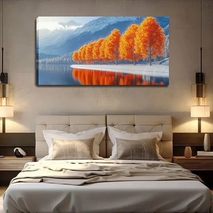 Serene Orange Trees Lake Décor Wall Art Canvas Office Home Room Framed 120x60cm