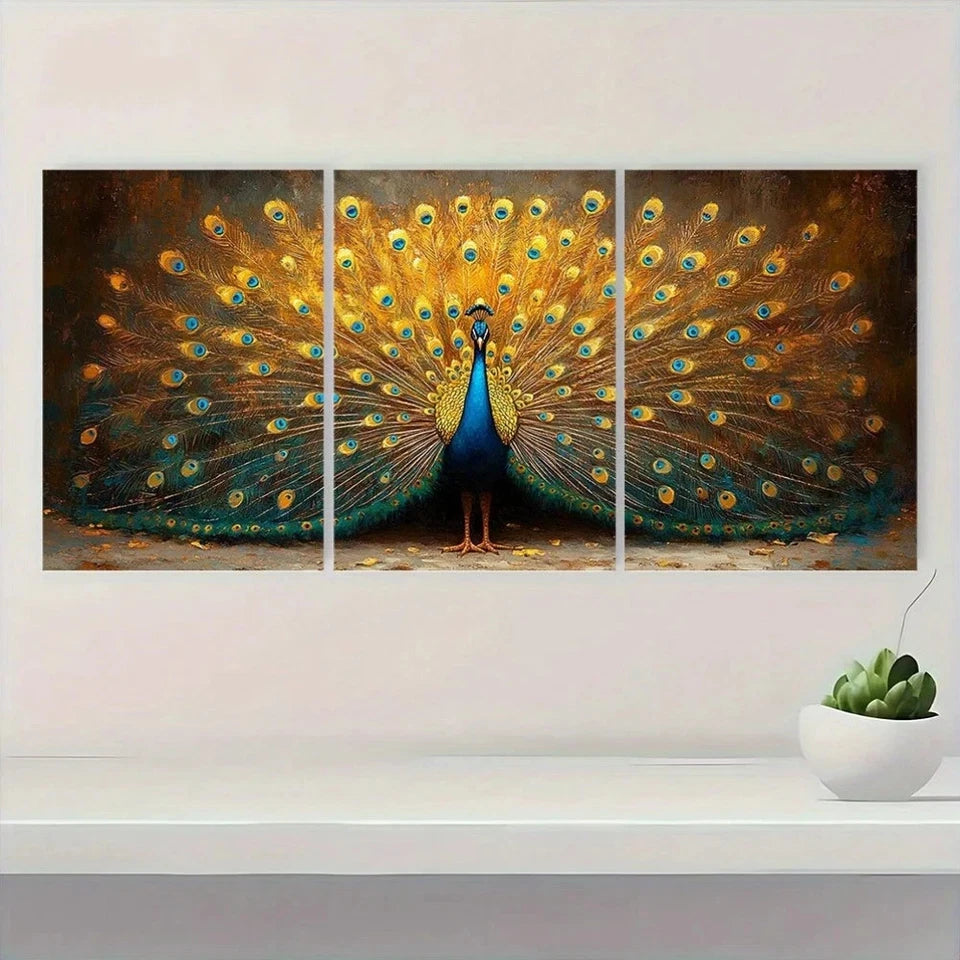 3pcs Vintage Peacock Golden & Blue Wall Art Set Canvas Framed 60x90cm - High Quality Print 100% Australian Made Wall Canvas Ready to Hang