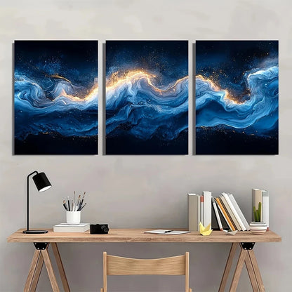 3pcs Abstract Blue & White Wave Metal Print Ready to Hang Art