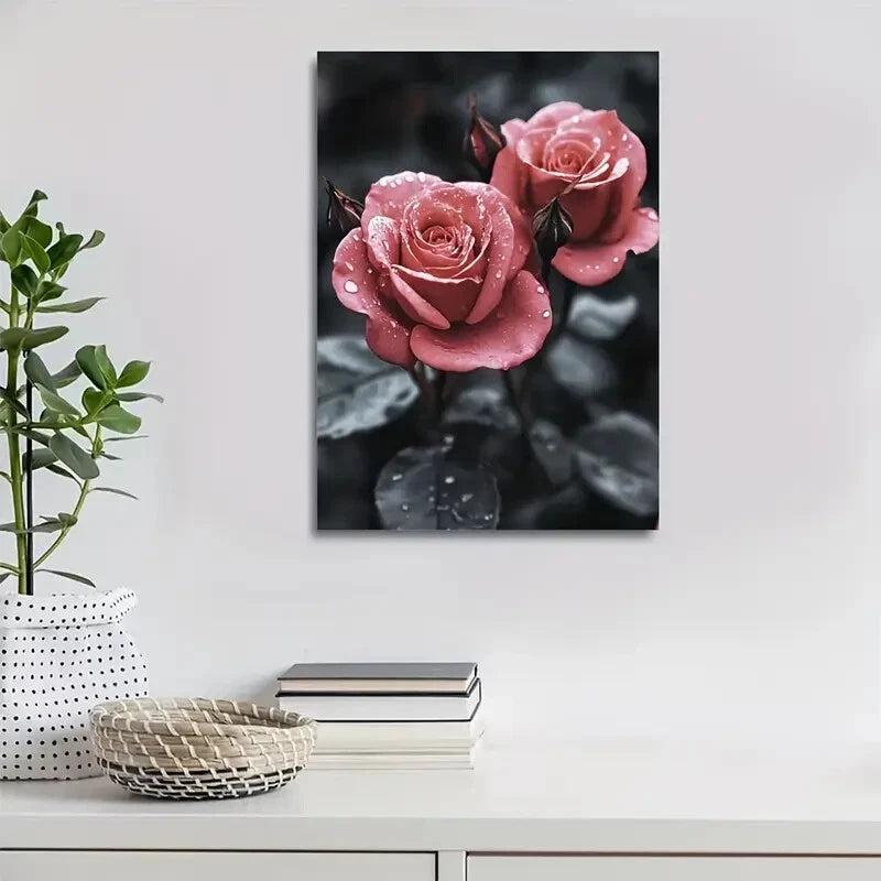 Stunning Pink Roses with Dewy Finish Painting 40x60cm Metal Print Ready to Hang