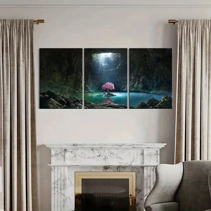3pcs Mystical Cave with Glowing Tree & Lake Wall Art Set Canvas Framed 40x60cm - High Quality Print 100% Australian Made Wall Canvas Ready to Hang
