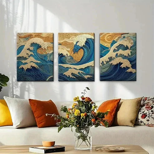 3pcs Inspired Ocean Waves Artwork Perfect Wall Art Set Canvas Unframed - High Quality Print 100% Australian Made Wall Canvas