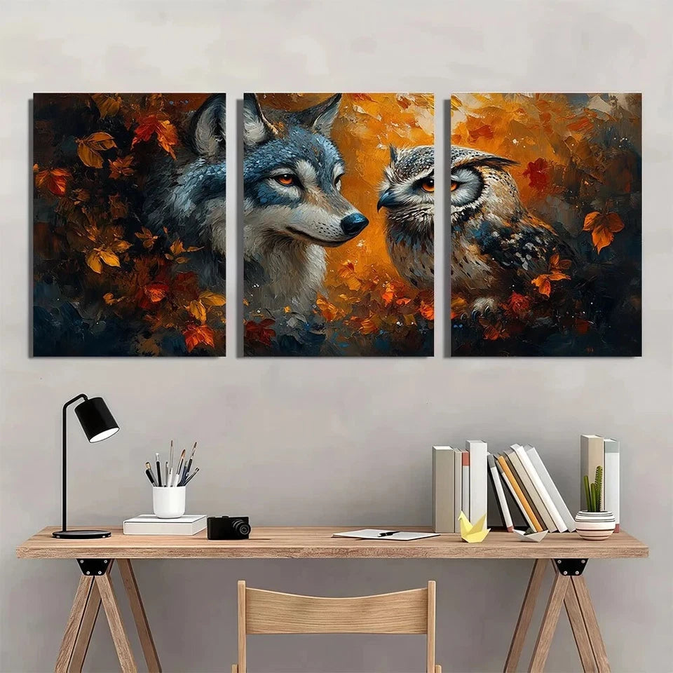 3pcs Animal Wolf and Owl Golden Leaves Metal Print Ready to Hang Art