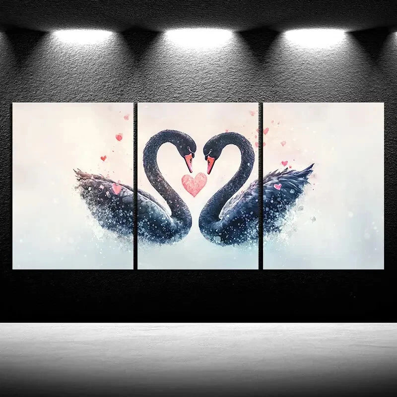 3pcs Black Swan Love Red Petals Metal Print Ready to Hang Art