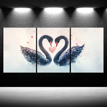 3pcs Black Swan Love Red Petals Metal Print Ready to Hang Art