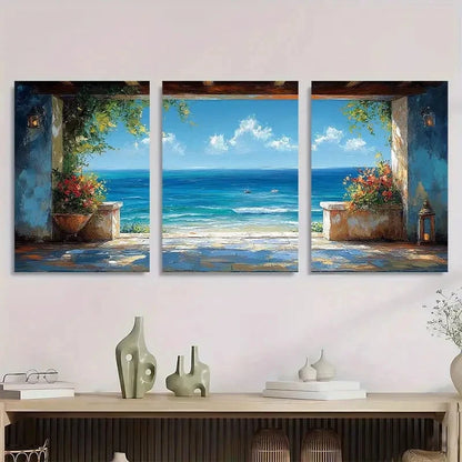 3pcs Modern Abstract Ocean View with Blue Doors Metal Print Ready to Hang Art