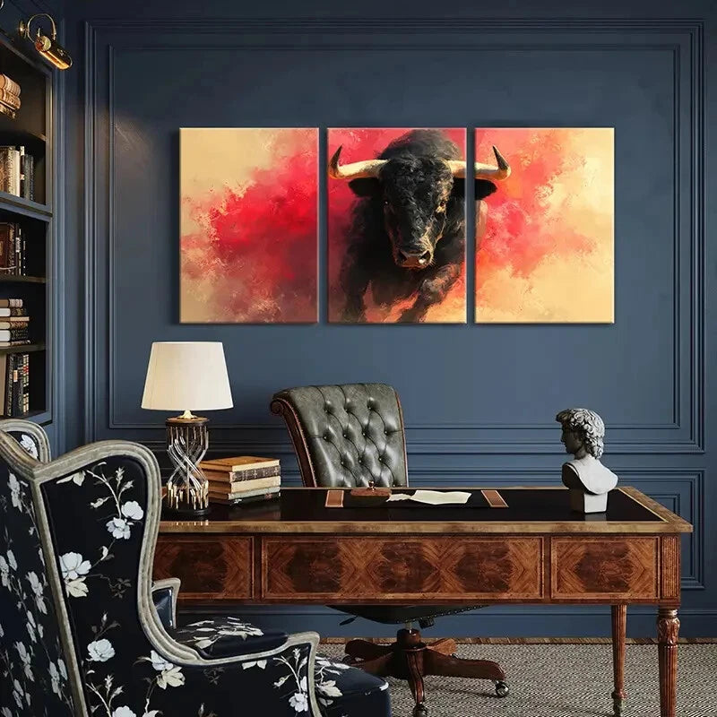 3pcs Artistic Bull Painting Abstract Design Metal Print Ready to Hang Art
