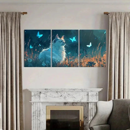 3pcs Animal Theme Fantasy Cat & Butterfly Wall Art Set Canvas Framed 40x60cm - High Quality Print 100% Australian Made Wall Canvas Ready to Hang
