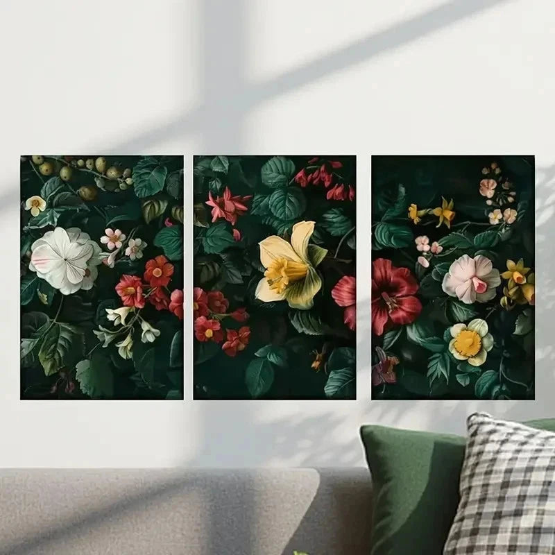 3pcs Flowers on a Black Background Wall Art Set Canvas Framed 40x60cm - High Quality Print 100% Australian Made Wall Canvas Ready to Hang