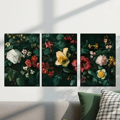 3pcs Flowers on a Black Background Wall Art Set Canvas Framed 40x60cm - High Quality Print 100% Australian Made Wall Canvas Ready to Hang