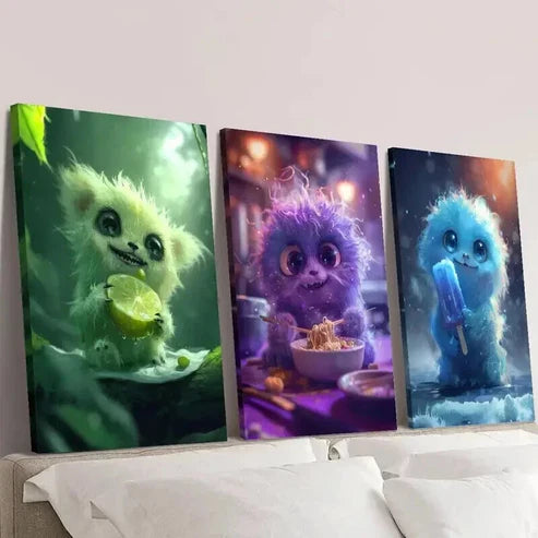 3pcs Monster Eating Noodles Ice Cream Lemon Wall Art Canvas Unframed - High Quality Print 100% Australian Made Wall Canvas