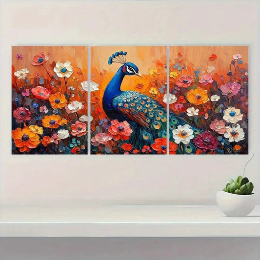 3pcs Vintage Floral Peacock Vibrant Orange Blue Wall Art Set Canvas Framed 50x70cm - High Quality Print 100% Australian Made Wall Canvas Ready to Hang