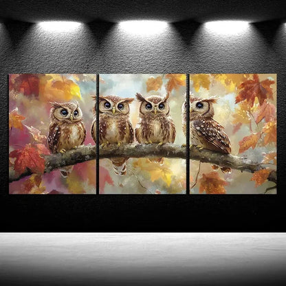 3pcs The Owl on the Branch Painting Metal Print Ready to Hang Art