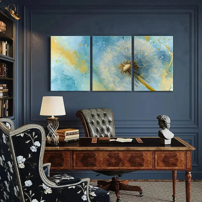 3pcs Dandelion Golden & Blue Watercolor Splashes Metal Print Ready to Hang Art
