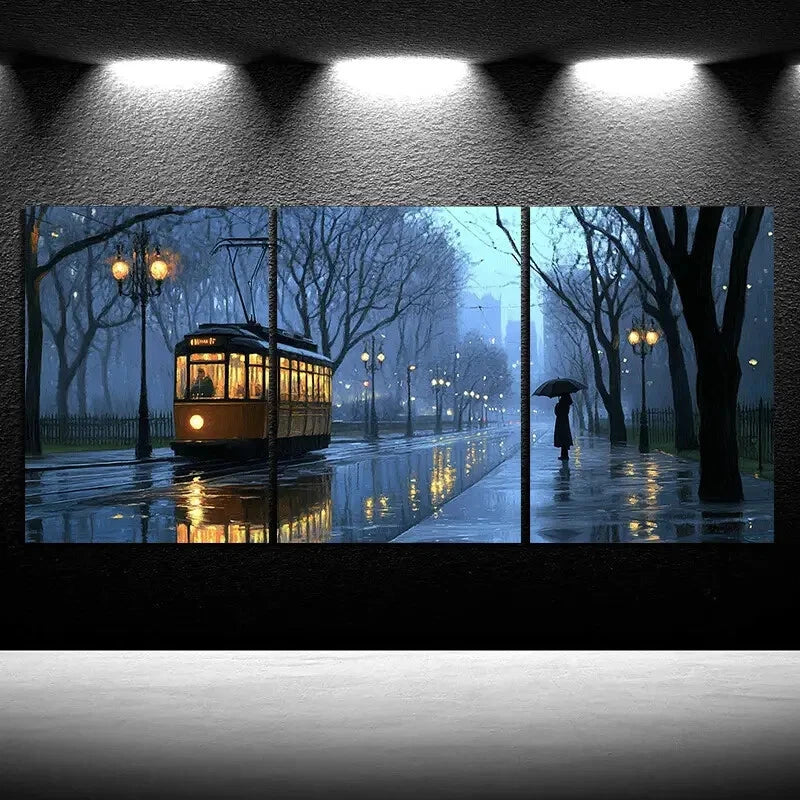 3pcs Rainy Street Big Trees Women Standing On Road Metal Print Ready to Hang Art