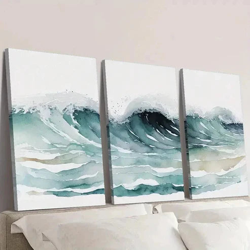 3pcs Ocean Waves Watercolor Painting  Wall Art Set Canvas Unframed - High Quality Print 100% Australian Made Wall Canvas