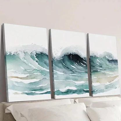 3pcs Ocean Waves Watercolor Painting  Wall Art Set Canvas Unframed - High Quality Print 100% Australian Made Wall Canvas
