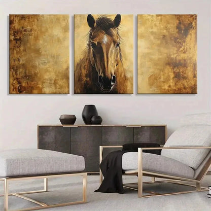 3pcs Horse Portrait Golden Brown Tones Perfect Wall Art Set Canvas Framed 40x60cm - High Quality Print 100% Australian Made Wall Canvas Ready to Hang