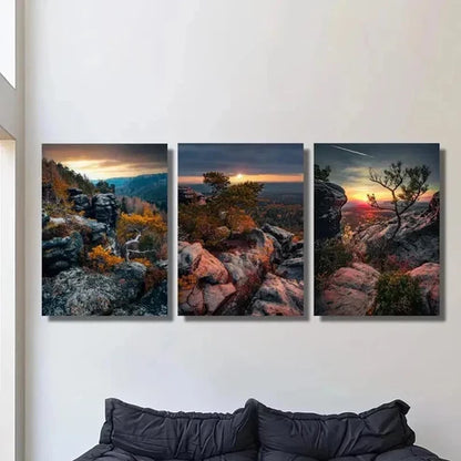 3pcs Sunset in Saxon Switzerland Mountains Wall Art Canvas Unframed – High Quality Print 100% Australian Made Wall Canvas