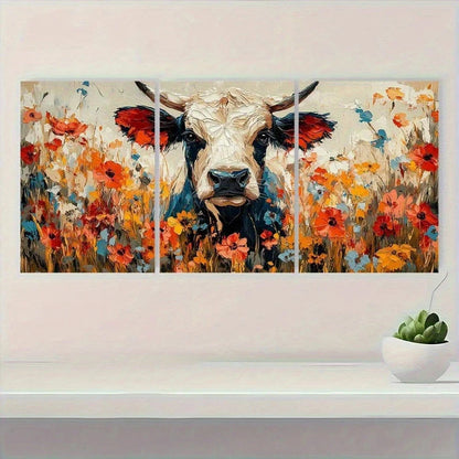 3pcs Vibrant Cow Colorful Floral Field Metal Print Ready to Hang Art