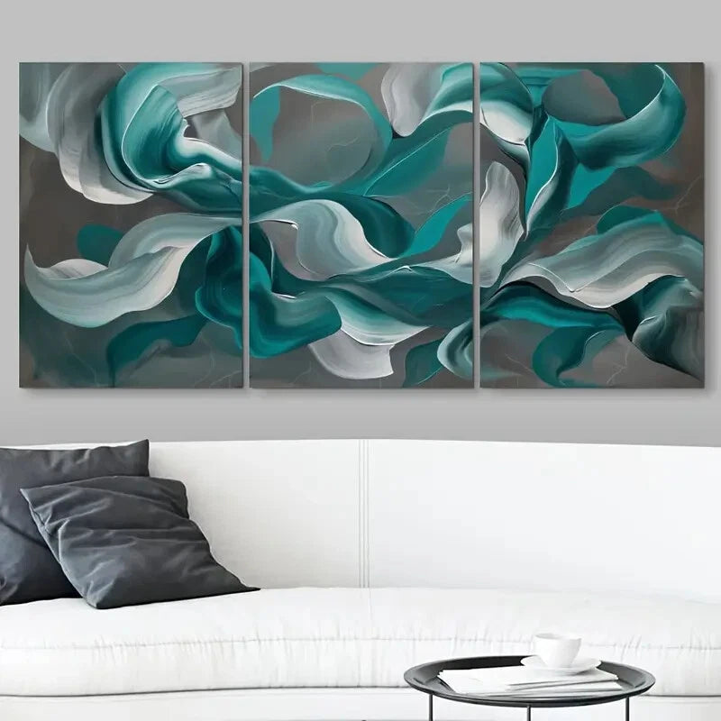 3pcs Swirling Teal & White Design Fluid Abstract Metal Print Ready to Hang Art