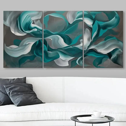 3pcs Swirling Teal & White Design Fluid Abstract Metal Print Ready to Hang Art