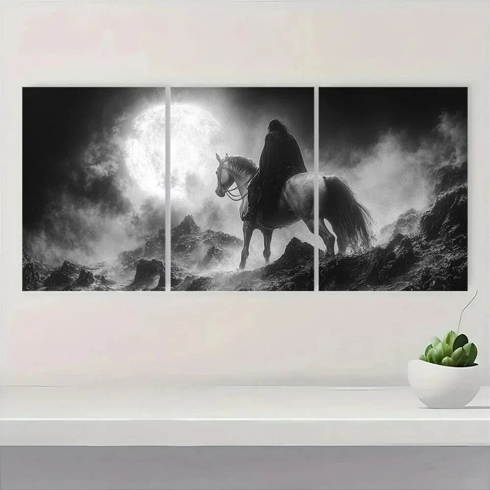 3pcs Headless Horseman & Moonlit Night Scene Metal Print Ready to Hang Art