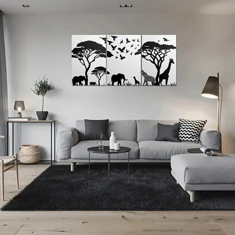 3pcs African Safari Animal Silhouette Black White Metal Print Ready to Hang Art