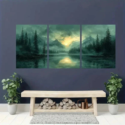 3pcs Trees Mountains & Lake Vintage Nature Wall Art Canvas Unframed - High Quality Print 100% Australian Made Wall Canvas