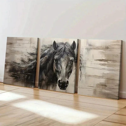 3pcs Vintage Animal Art Dark Horse Farmhouse Wall Art Set Canvas Framed 40x60cm - High Quality Print 100% Australian Made Wall Canvas Ready to Hang