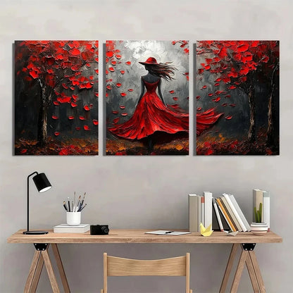 3pcs Red Dress Girl Abstract Painting Metal Print Ready to Hang Art