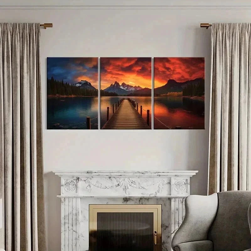 3pcs Sunset Lake Mountains Dock Reflections  Wall Art Set Canvas Framed 40x60cm - High Quality Print 100% Australian Made Wall Canvas Ready to Hang