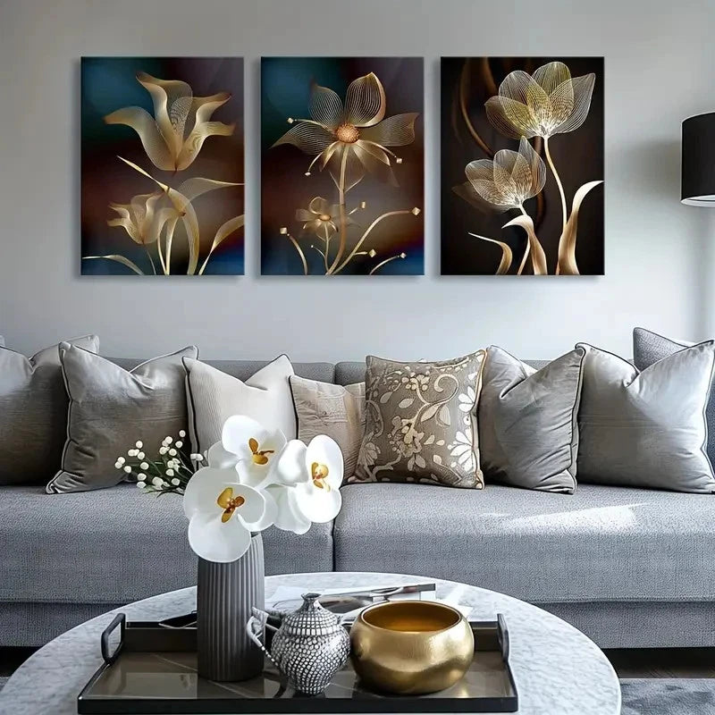 3pcs Black and White Abstract Floral Painting Metal Print Ready to Hang Art