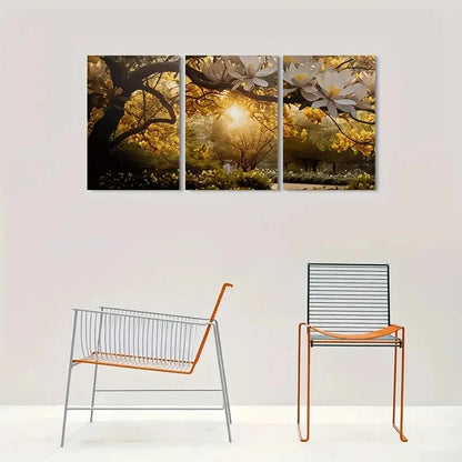 3pcs Golden Magnolia Blossom Painting Metal Print Ready to Hang Art
