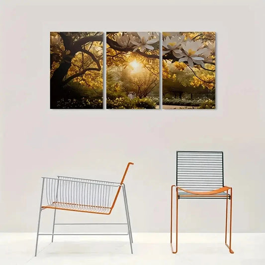 3pcs Golden Magnolia Blossom Painting Metal Print Ready to Hang Art