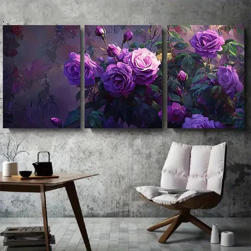 3pcs Purple Vibrant Botanical Floral Painting Wall Art Set Canvas Framed 60x90cm - High Quality Print 100% Australian Made Wall Canvas Ready to Hang