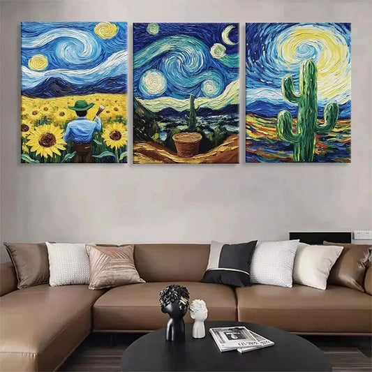 3pcs Van Gogh Starry Night Swirl Sky Perfect Wall Art Set Canvas Framed 40x60cm - High Quality Print 100% Australian Made Wall Canvas Ready to Hang