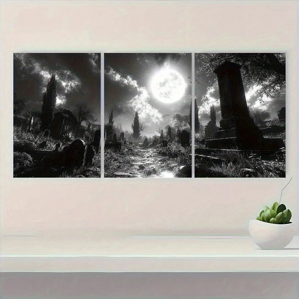 3pcs Creepy Haunted Cemetery Black & White Metal Print Ready to Hang Art