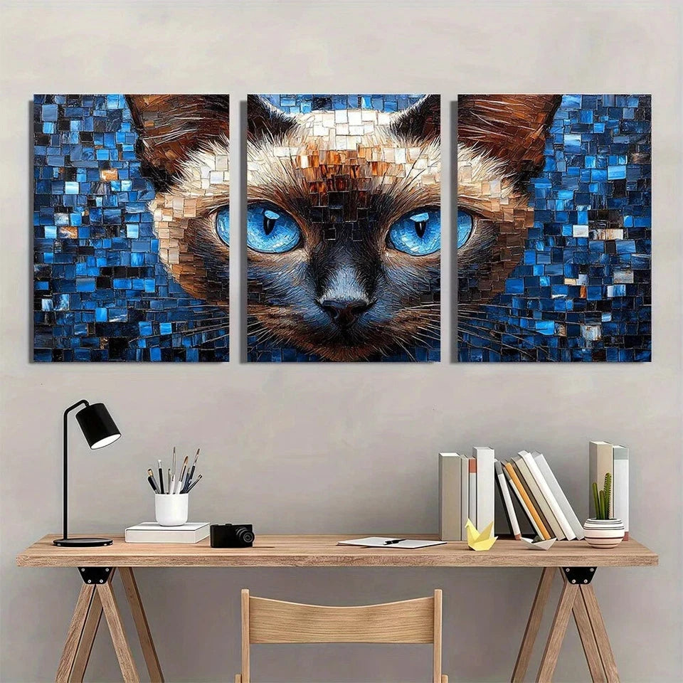 3pcs Siamese Cat & Blue Flower Vibrant Blue Eyes Metal Print Ready to Hang Art