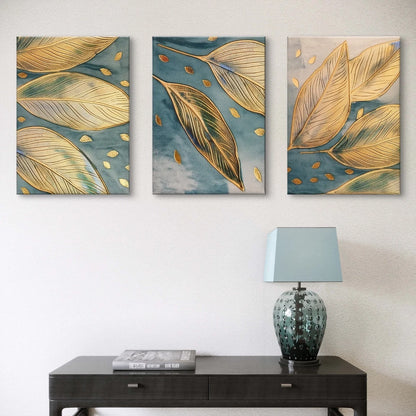 Gold and Blue Leaf Pattern Luxurious Wall Art Set Canvas Framed 40x60cm - High Quality Print 100% Australian Made Wall Canvas Ready to Hang