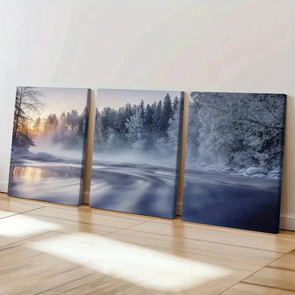 3pcs Snowy Forest Misty Landscape Serene River Wall Art Set Canvas Framed 40x60cm - High Quality Print 100% Australian Made Wall Canvas Ready to Hang