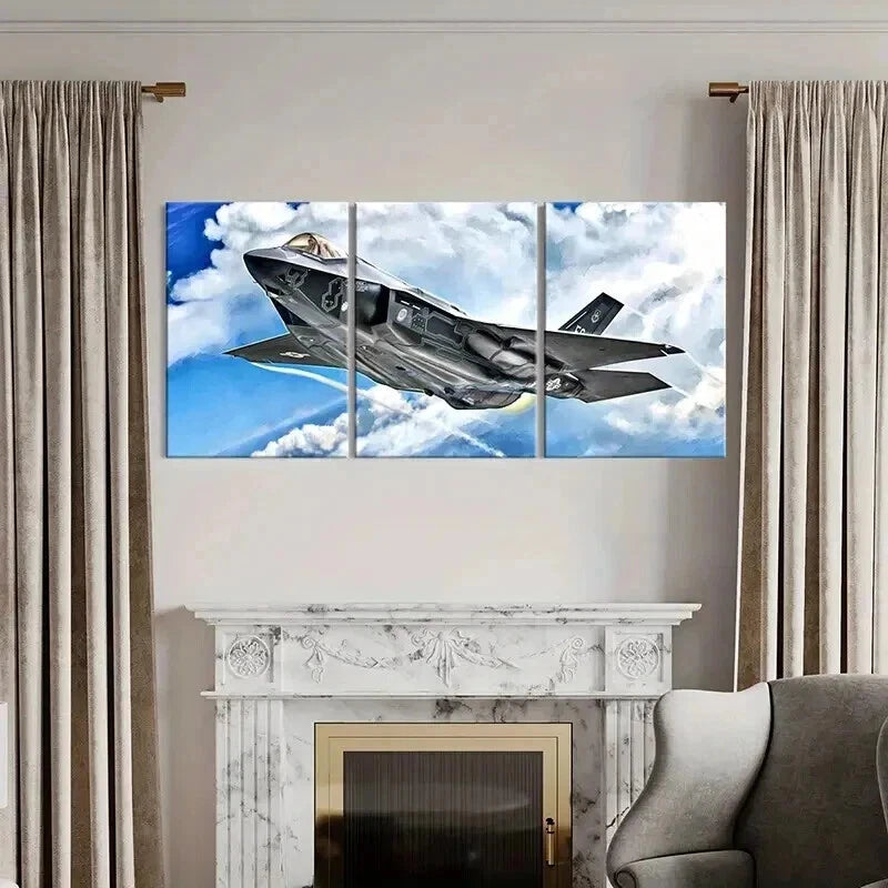 3pcs Fighter Jets & Bombers in Flight Wall Art Set Canvas Framed 40x60cm - High Quality Print 100% Australian Made Wall Canvas Ready to Hang