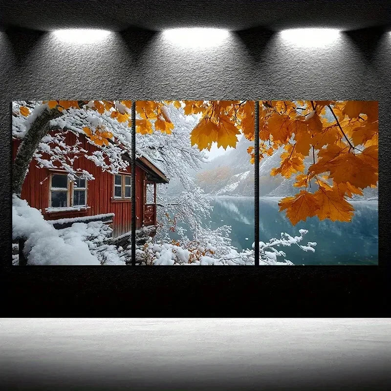 3pcs Snowy Cabin Watercolor Style Metal Print Ready to Hang Art