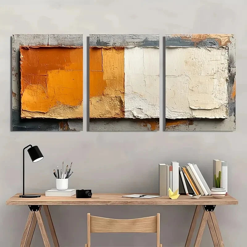 3pcs Brown and Beige Geometric Abstract Texture Metal Print Ready to Hang Art