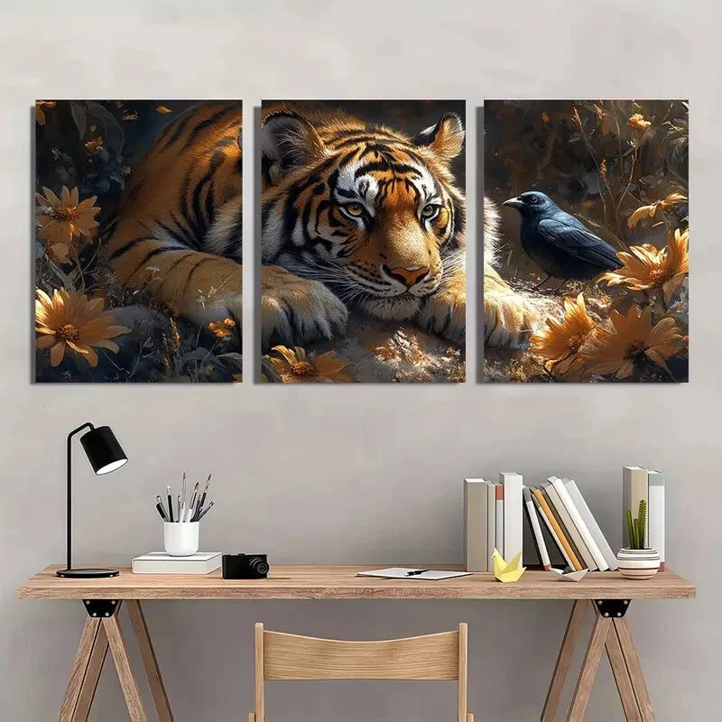3pcs Tiger & Magpie Metal Vibrant Floral Print Ready to Hang Art