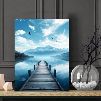 Wooden Bridge Leading To The Lake, Blue Sky And White 40x60cm Metal Print Ready to Hang